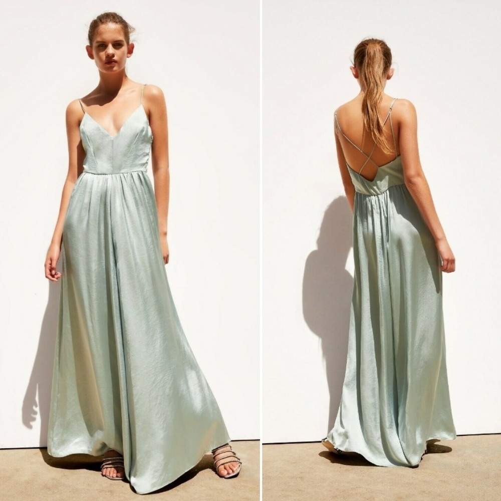 ZARA LIMITED EDITION SEAFOAM GREEN MINT SATIN EFFECT WIDE LEG JUMPSUIT